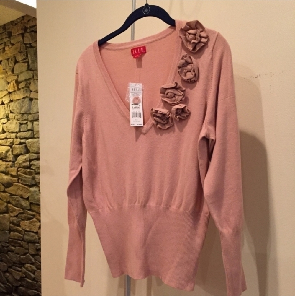 Elle Misty Rose V-Neck Sweater Pink Women's XL 3D Flower Detail Fitted Feminine